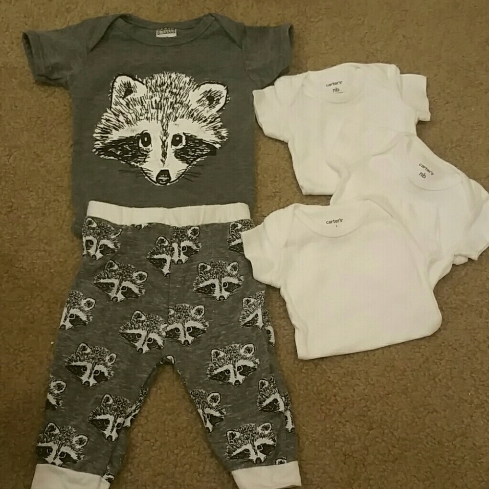 NB bundle Raccoon outfit and 3 new nb onsies